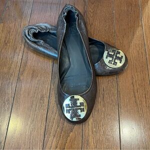 Tory Burch Brown Flats with Signature Logo - GUC